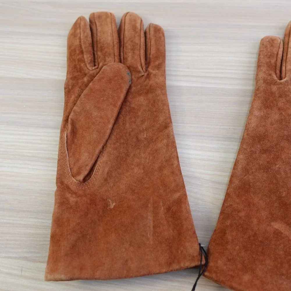 Suede Winter Gloves Women Medium Tan Brown GATES Genuine Leather Pigskin Classic